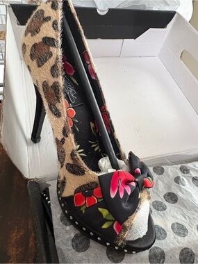 Iron Fist Leopard Print Peep-Toe Heels with Black Floral Bow